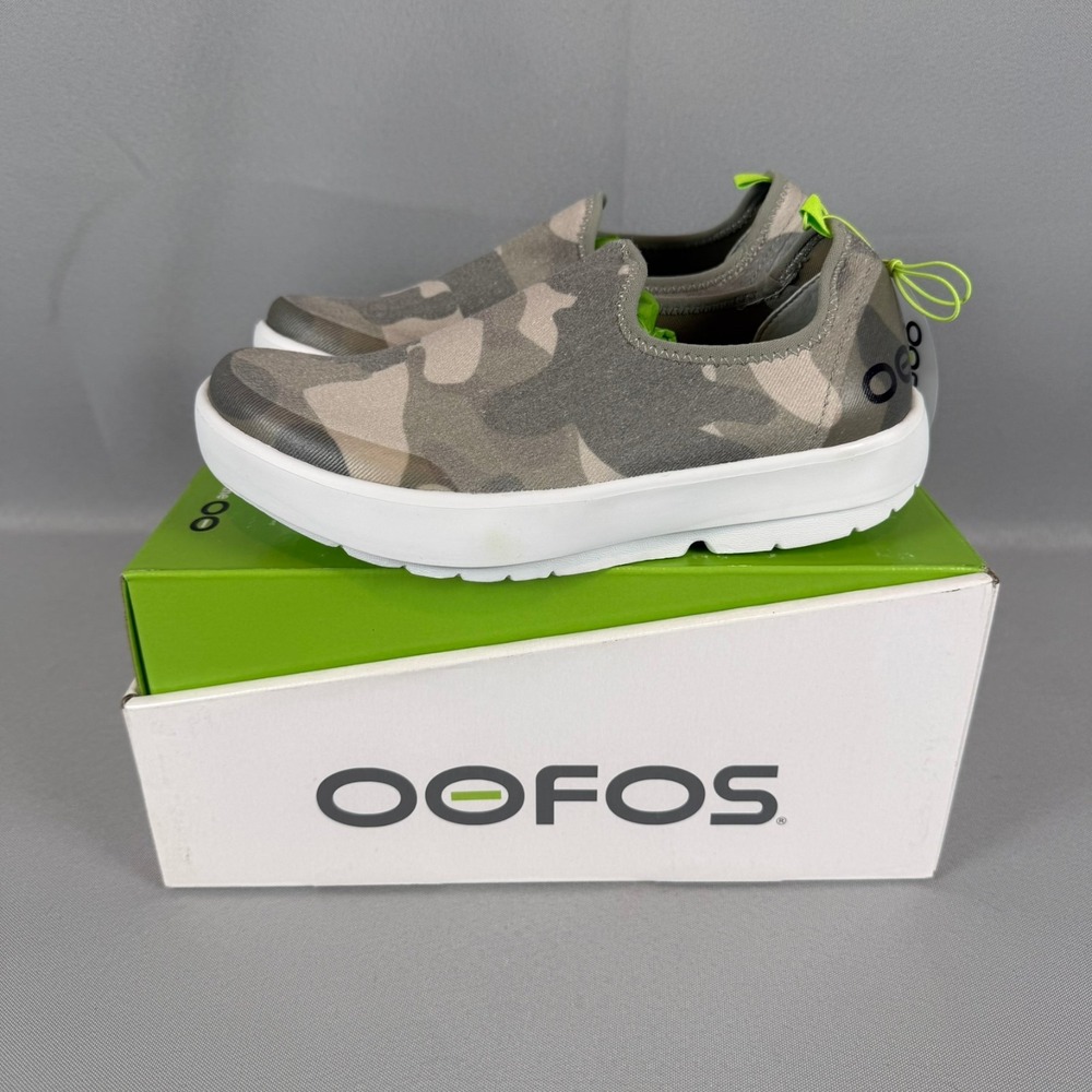 Oofos OOmg Eezee Recovery Sneakers Womens 5 White Green Camo Slip-On Shoes NIB